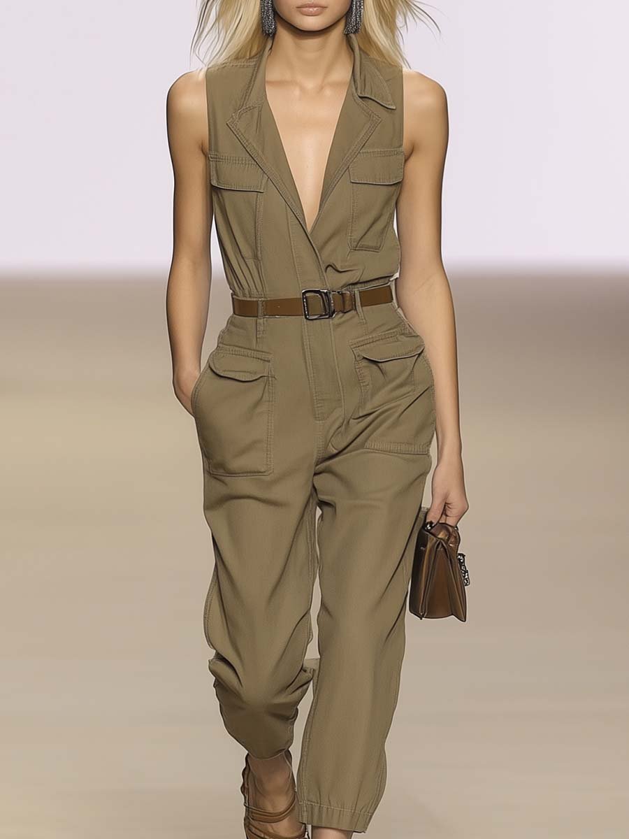 Personalized Fashion V-neck Sleeveless Belt Khaki Overalls Jumpsuit