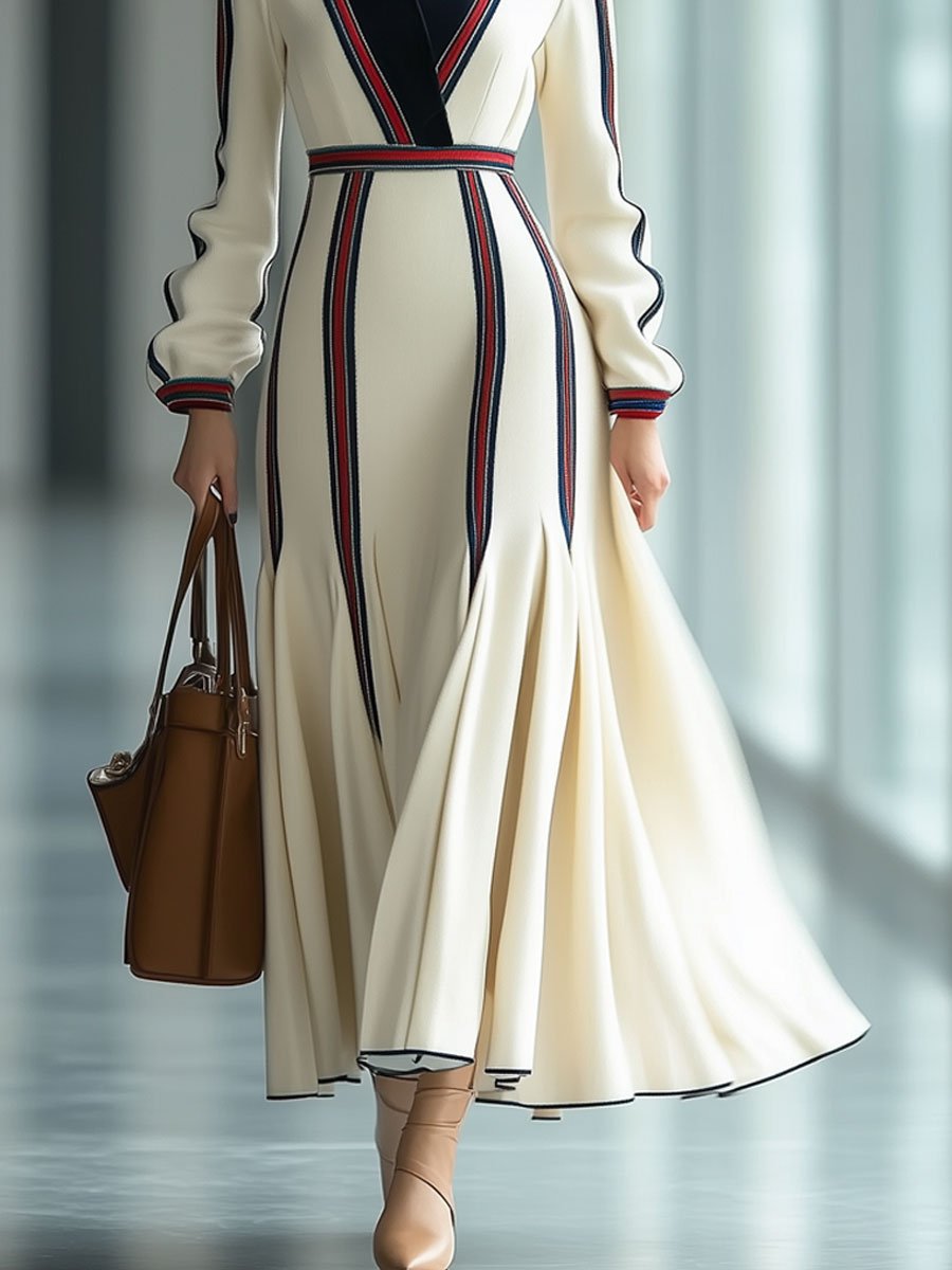 Fashion Retro V-Neck Red And Blue Striped Print Long Sleeve Maxi Dress