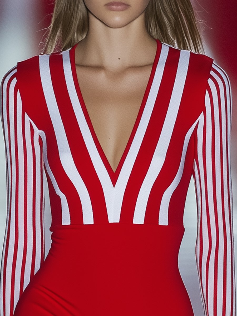 Sports Fashion V-neck White Striped Red Short Jumpsuit