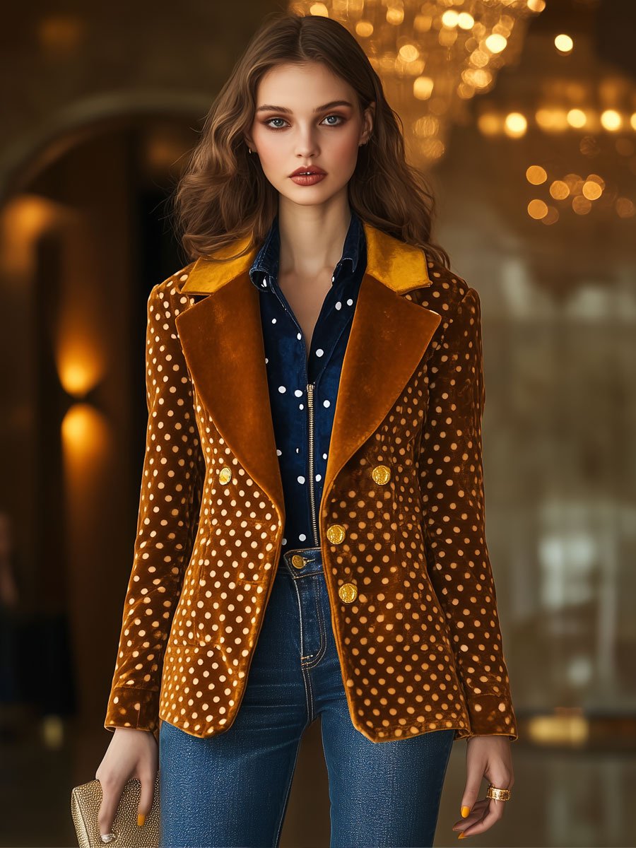 Casual Loose Retro Velvet Polka Dot Print Colorblock Lapel Blazer