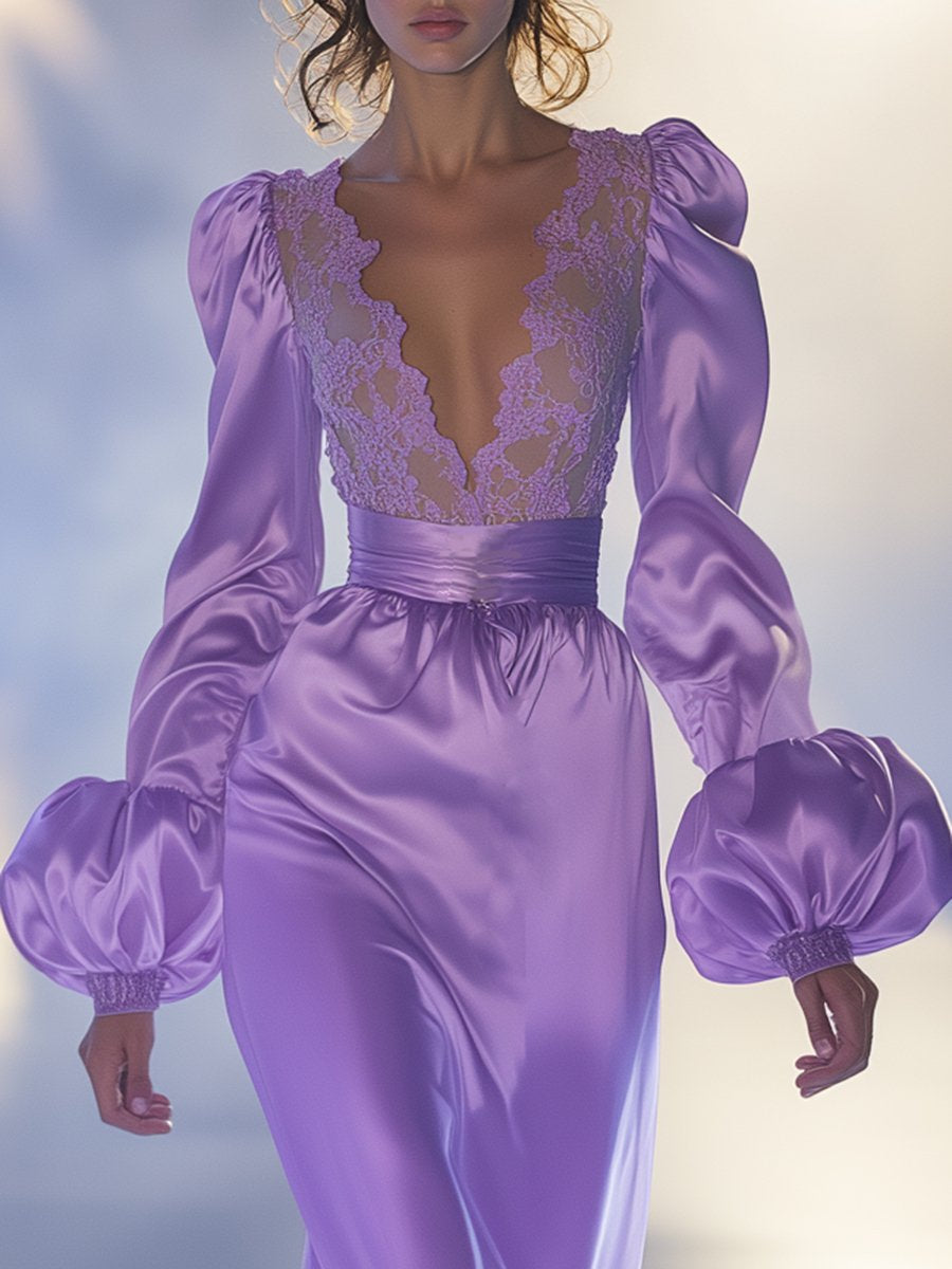 Charming Sexy Purple V-neck Lace and Satin Puff Sleeve Maxi Dress