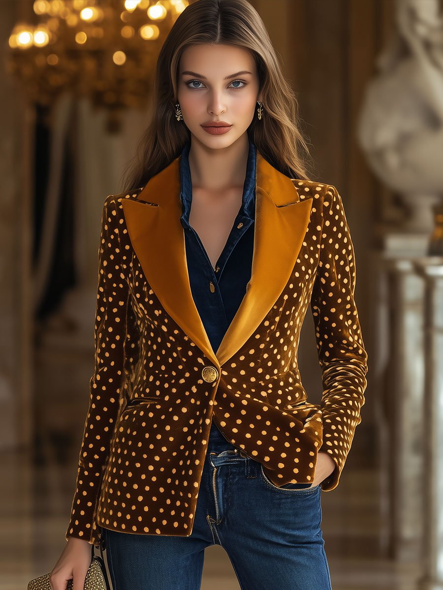 Casual Loose Retro Velvet Polka Dot Colorblock Lapel Blazer