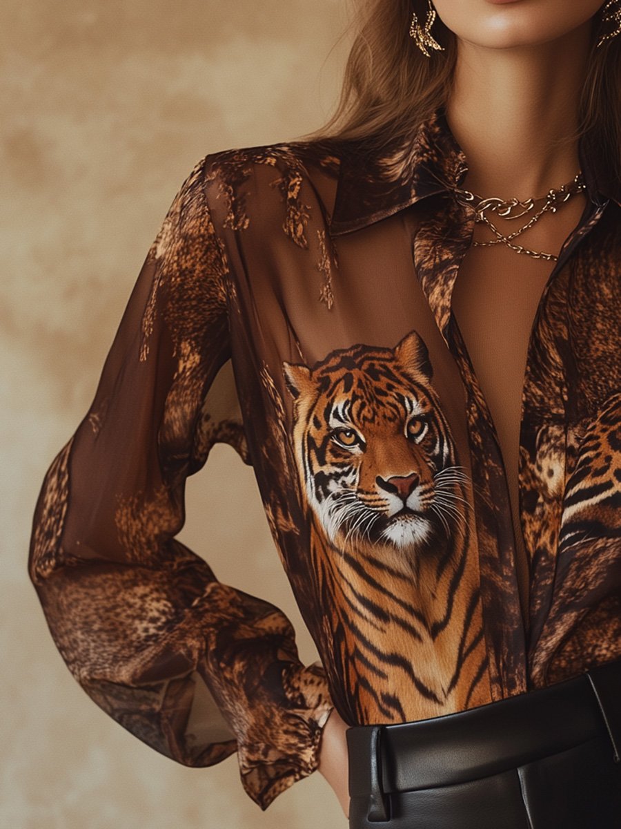 Bold and Wild Brown Tiger Print Chiffon Shirt