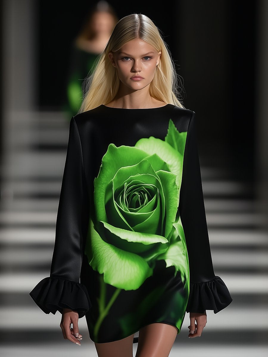 Fashionable Silhouette Green Rose Print Mini Dress