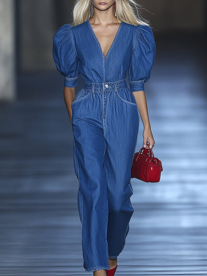 Classic And Stylish V-Neck Puff Sleeve Denim Jumpsuit