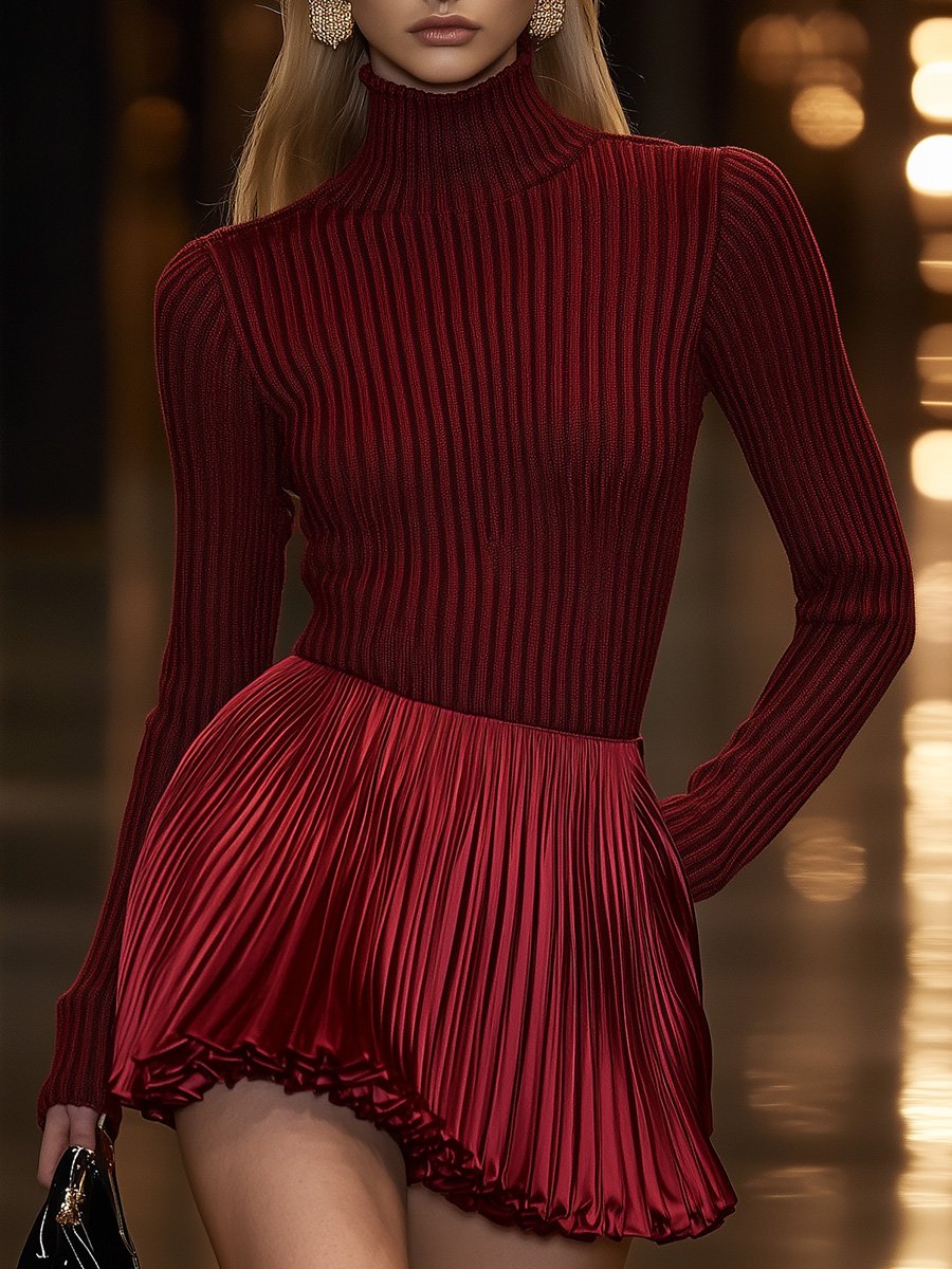 Charming and Playful Burgundy Turtleneck Knit Top with Satin Pleated Mini Dress