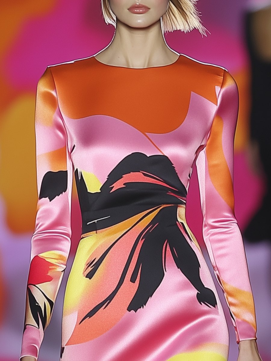 High-end Fashionable Pink, Orange and Black Abstract Printed Midi Dress