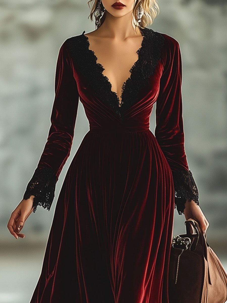 Fashion Retro V-neck Lace Splicing Long Sleeve Maxi Dress