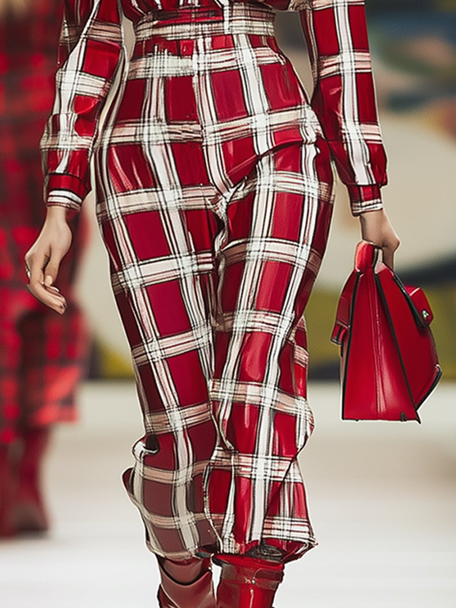 Fashionable Red Plaid Satin Long Sleeve Jumpsuit