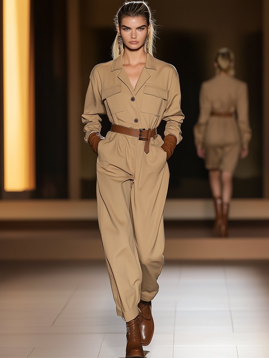 Fashionable Loose Workwear Style Apricot Long-Sleeved Jumpsuit