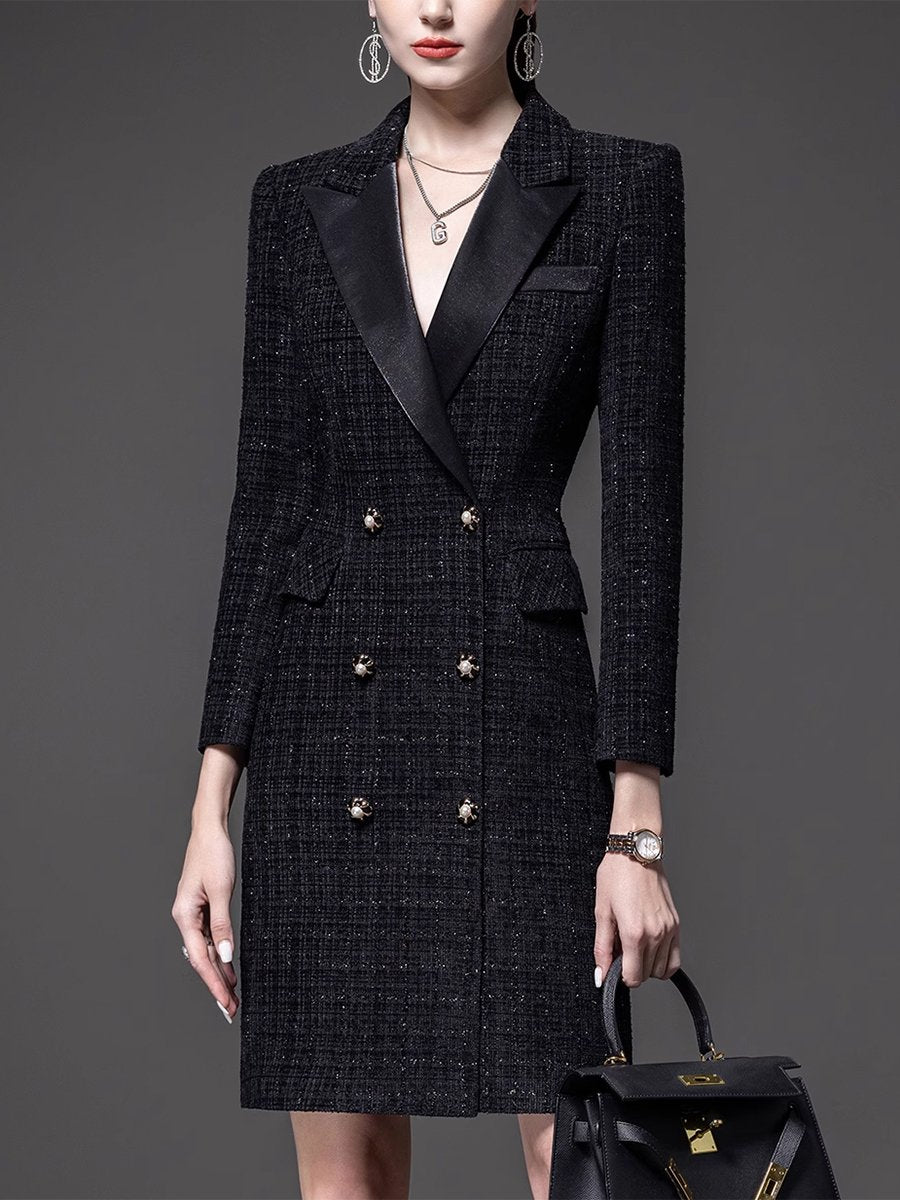 High-End Fashion Temperament Color Block Stand Collar Tweed Midi Dress