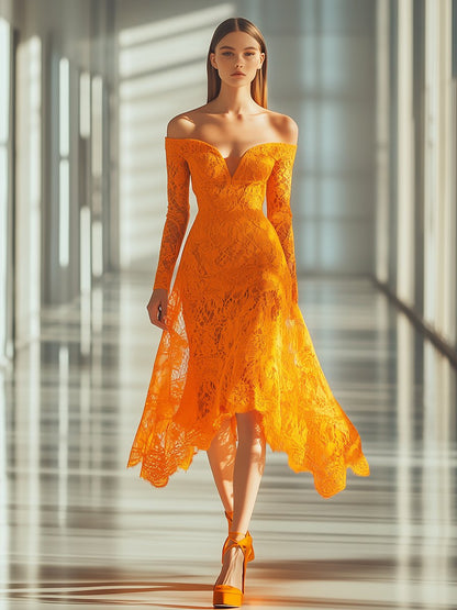 Elegant and Intellectual Orange Lace One Shoulder Long Sleeve Midi Dress