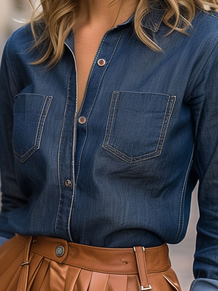 Casual Loose Pocket Vintage Long Sleeve Denim Blouse