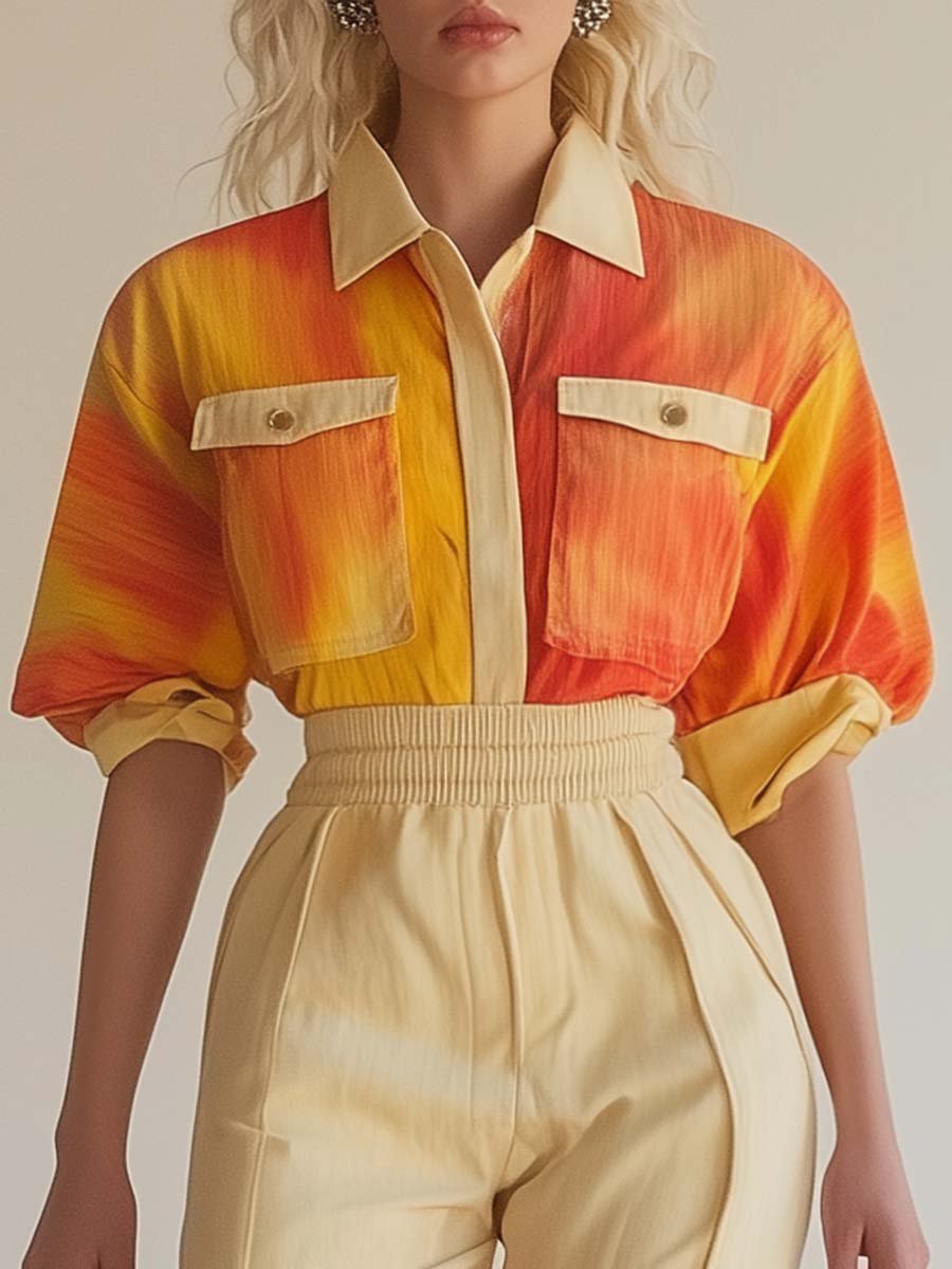 Fashionable and Vibrant Shirt-Style Orange Tie-Dye Contrast Short Jumpsuit