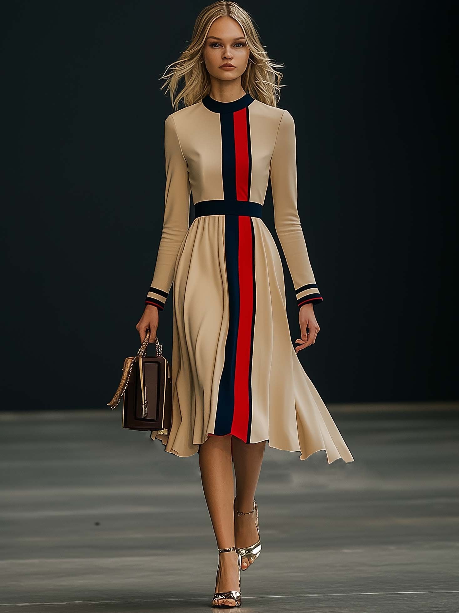 Elegant Colorblock Long Sleeve Midi Dress