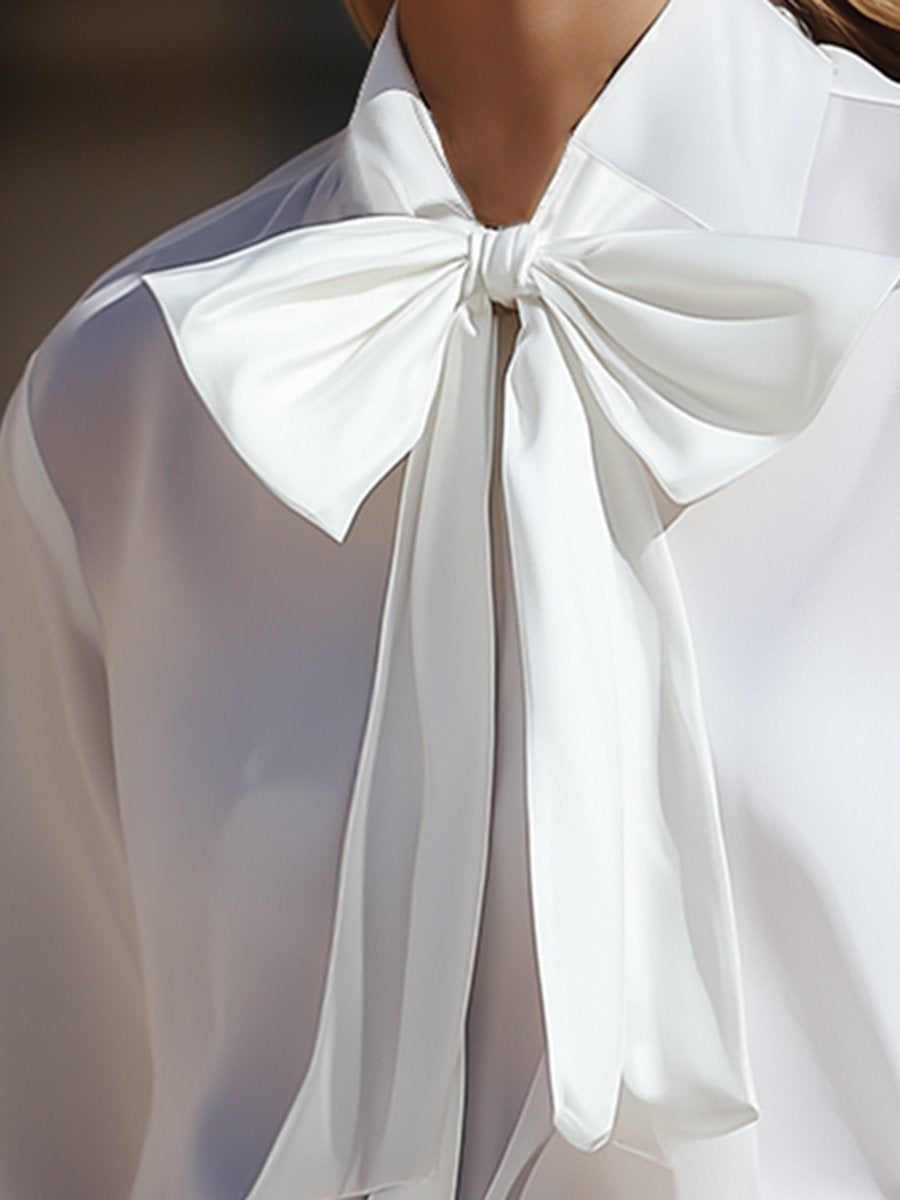 Elegant And Flowing Bow Tie White Chiffon Shirt