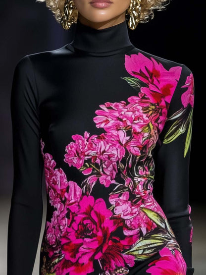 Bright Personality Half Turtleneck Pink Floral Print Black Mini Dress