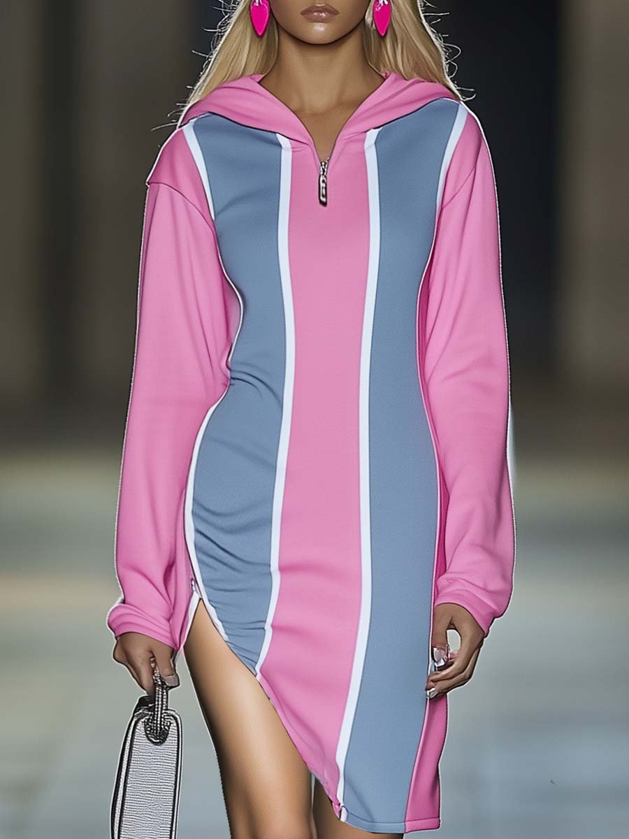 Fashion Personality Hooded Slit Pink and Blue Contrast Midi Dress