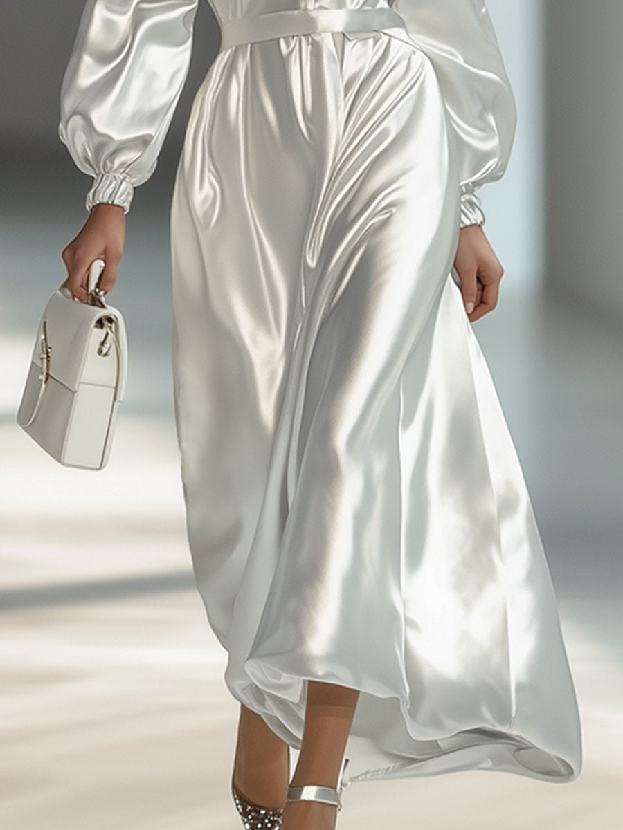 High-End Fashionable And Elegant Puff Sleeve Silver And White Maxi Dress