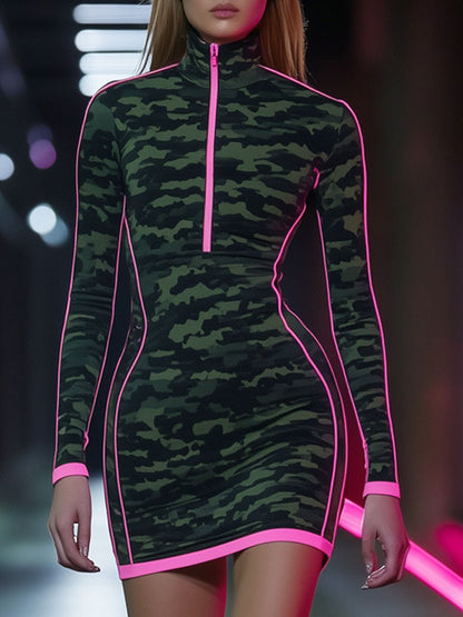 Casual Pink Stripe Green Camouflage Print Sports Long Sleeve Mini Dress