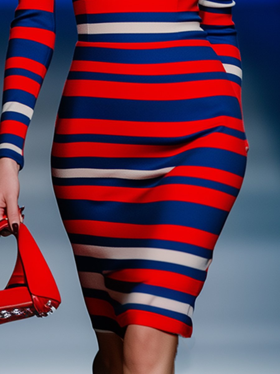 High-end Elegant Red and Blue Striped Midi Dress