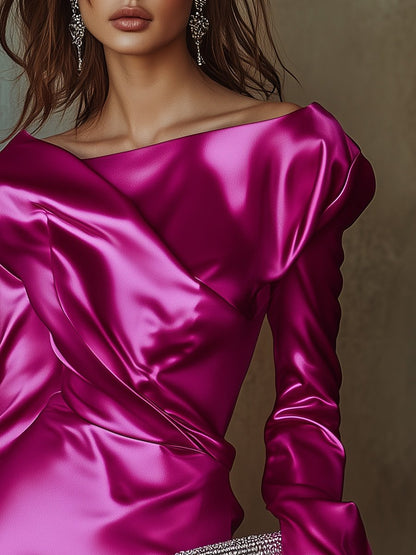 Charming and Elegant Party Draped Neckline Asymmetrical Silhouette Fuchsia Satin Mini Dress