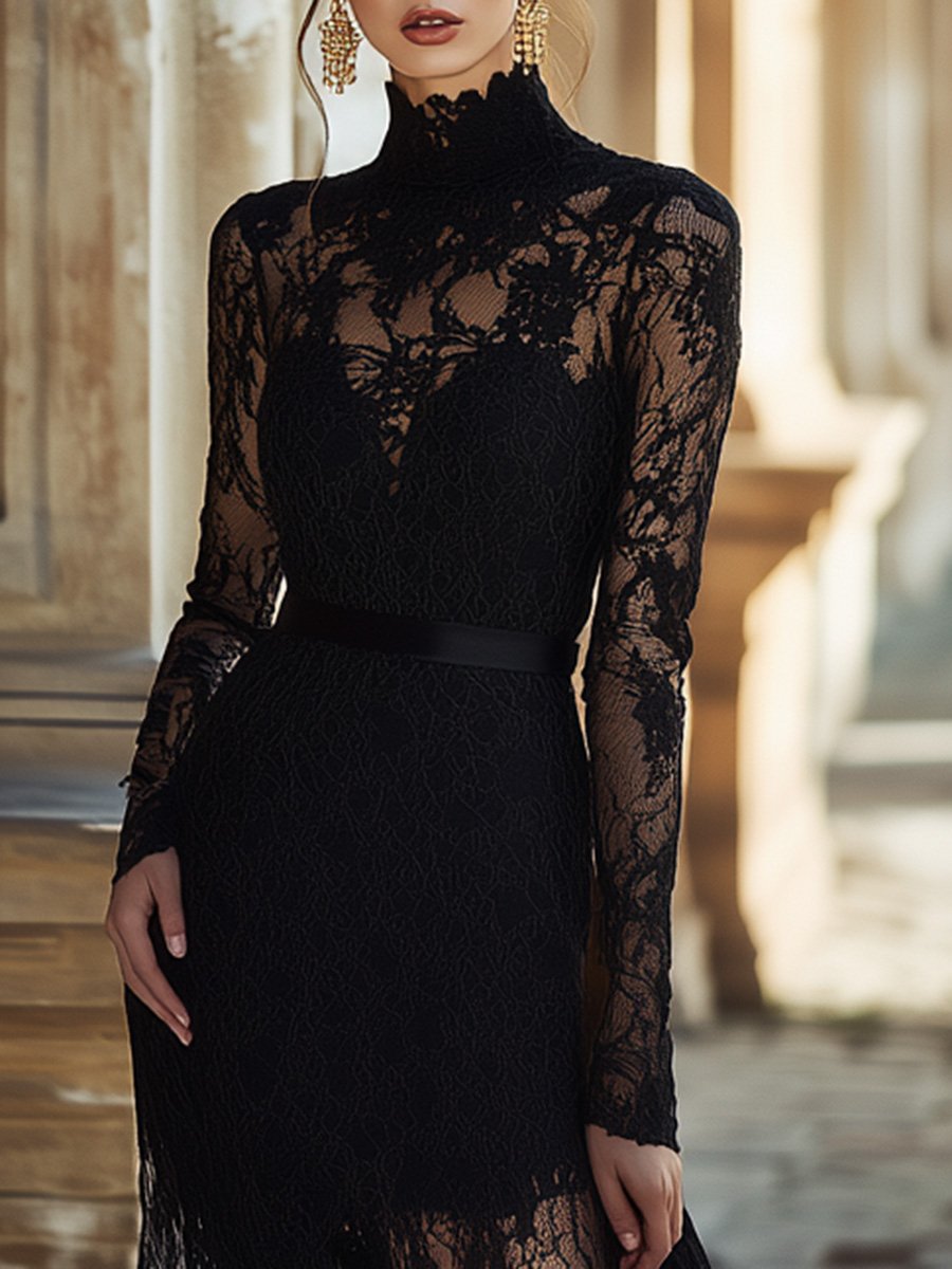 Elegant Unique Evening Dress High Collar Black Lace Maxi Dress