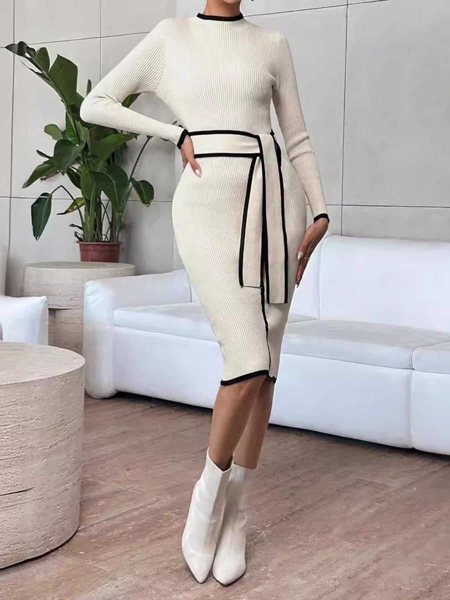 Slim Waist Contrast Color Lace-Up Ribbed Knitted Midi Dress