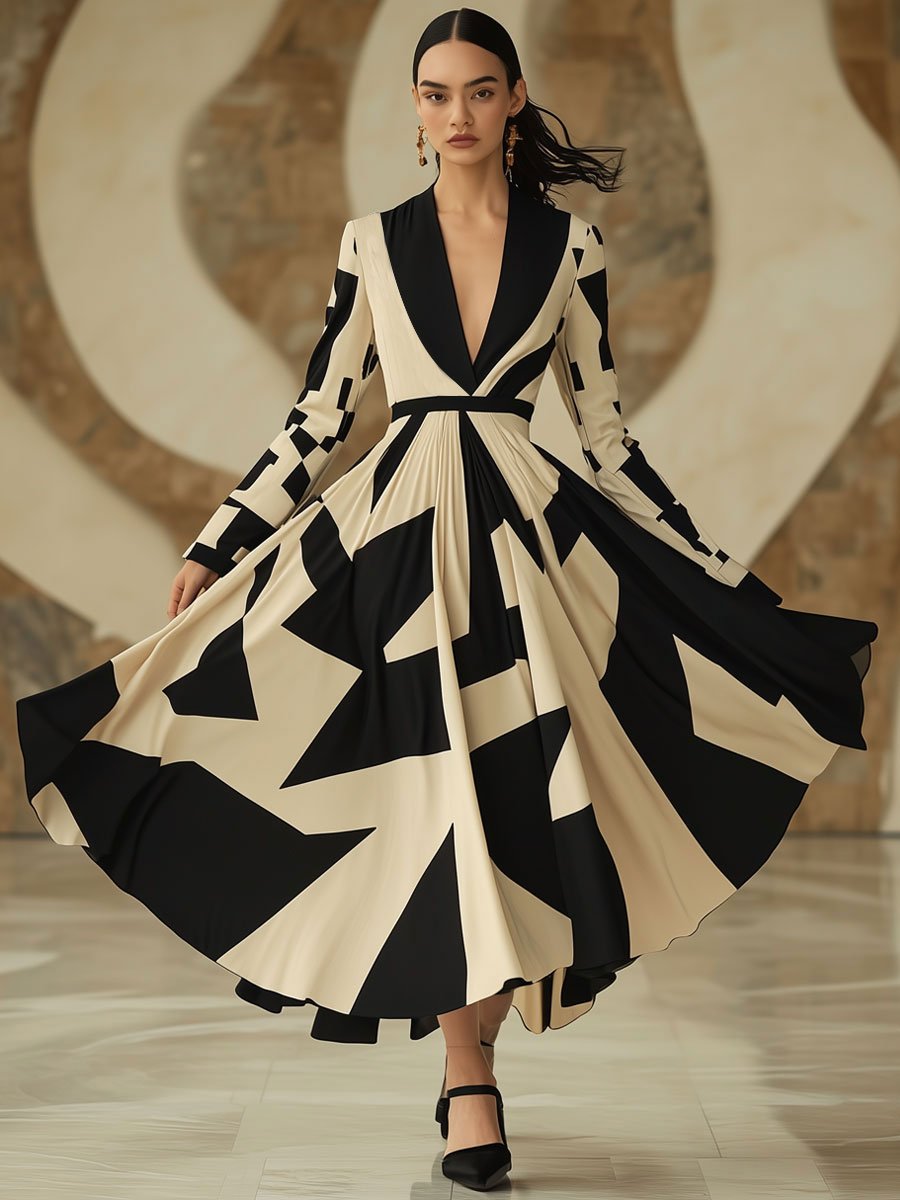 V-Neck Fashion Party Holiday Geometric Print Long Sleeve Maxi Dress