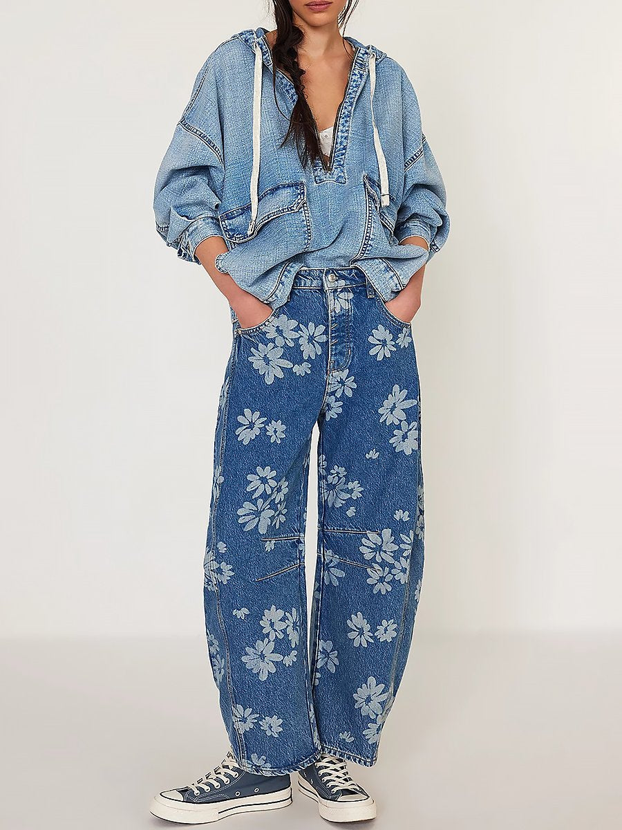 Casual Loose Fashion Floral Printed Denim Pants