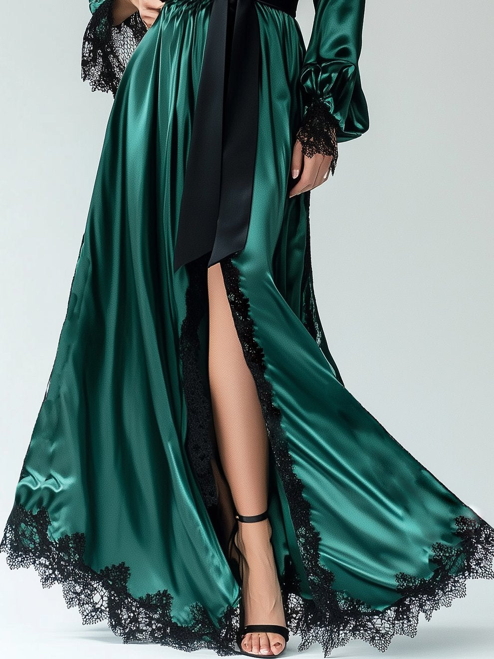 Elegant Satin Robe-Style Lace Trim Long Sleeve Maxi Dress