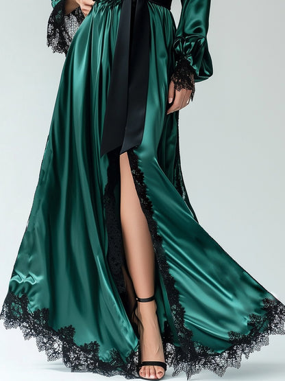 Elegant Satin Robe-Style Lace Trim Long Sleeve Maxi Dress