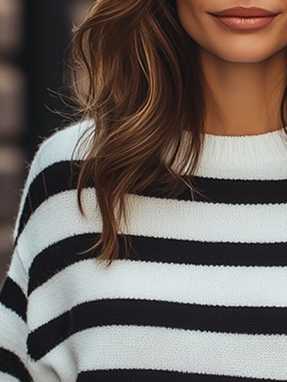 Casual Loose Round Neck Black And White Contrast Striped Sweater