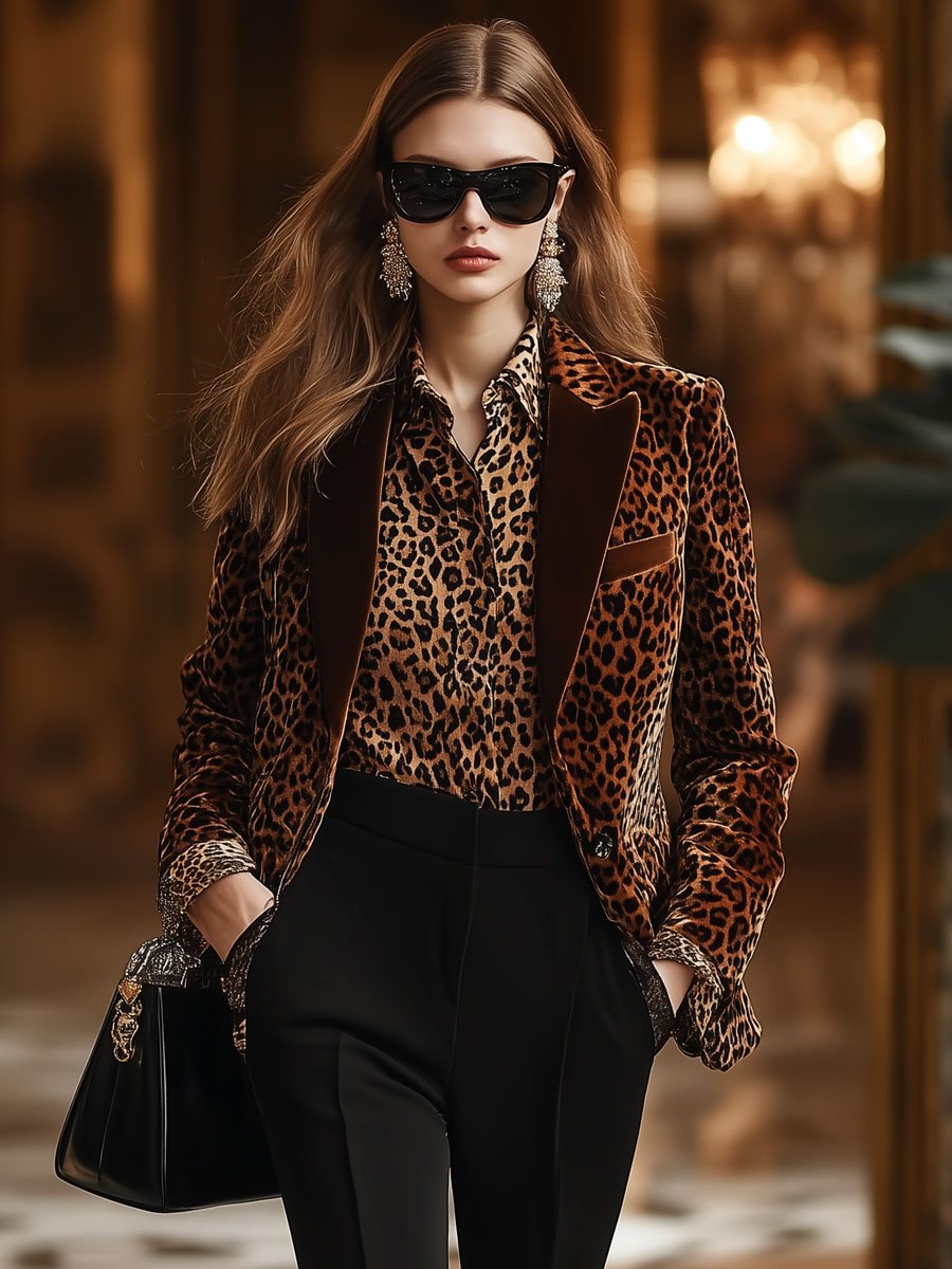 【24-hour shipping】Casual Loose Retro Velvet Leopard Print Collar Blazer