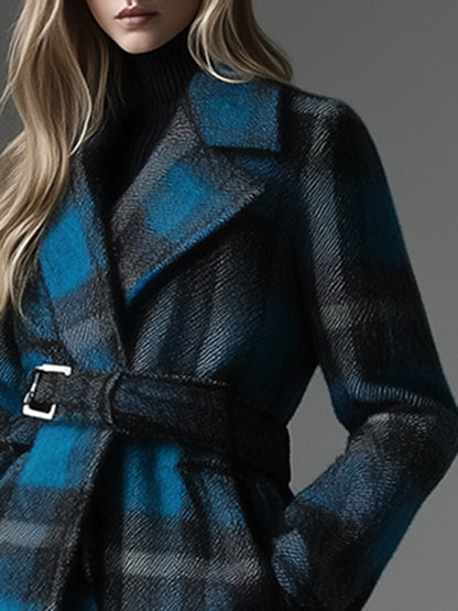 Casual Loose Retro Pocket Wool Plaid Mid-Length Coat