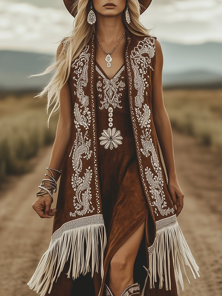 Western Paisley Pattern White Tassel Brown Suede Midi Vest