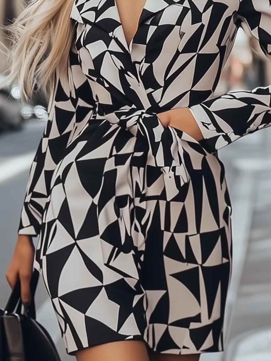 Fashion Commuter V-neck Black and White Geometric Print Mini Dress