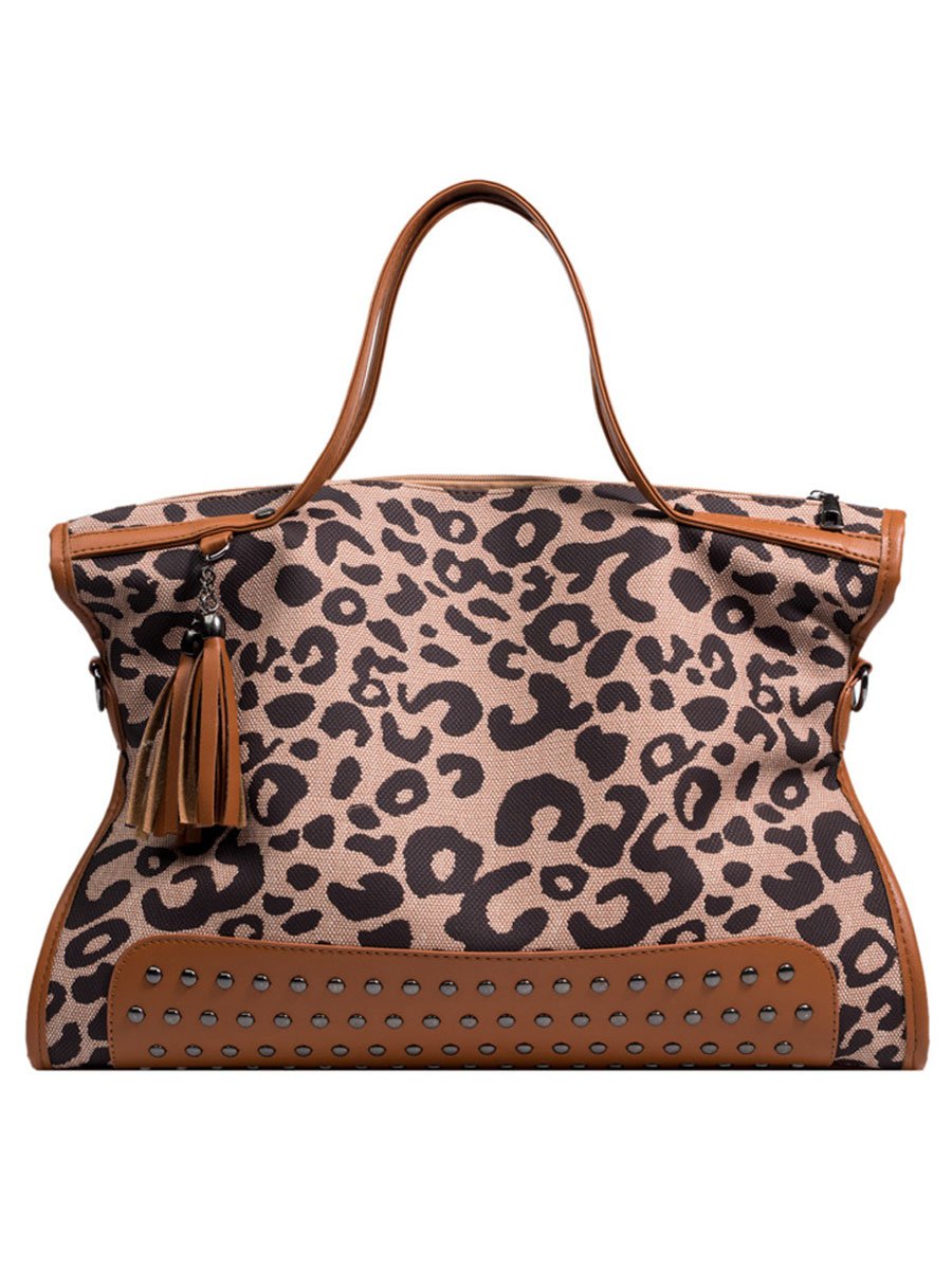 Leopard Print Casual Large Capacity Fashionable Rivet Shoulder Bag