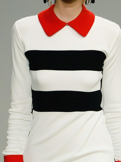 Classic Colorblock Lapel Long Sleeve Midi Dress