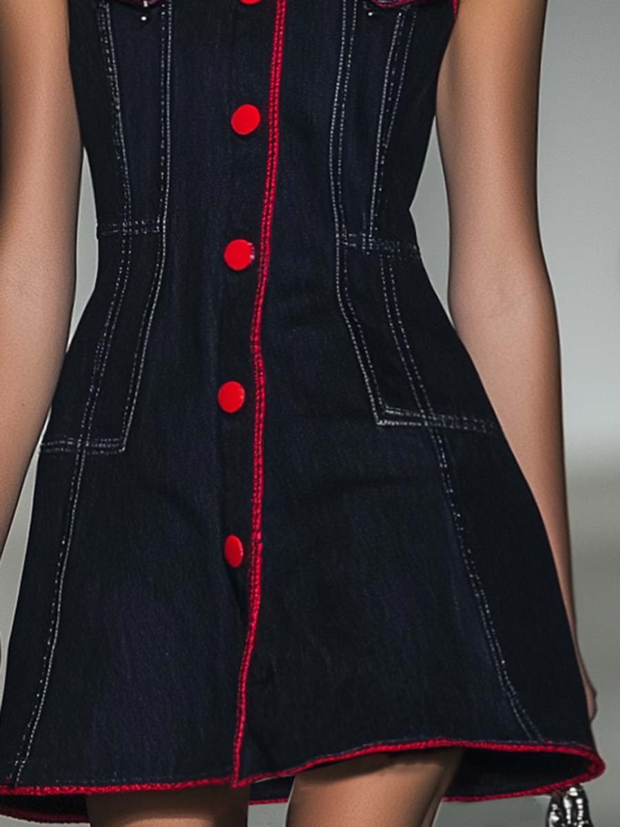 Fashion Personality Sleeveless Red Trim Dark Blue Denim Mini Dress