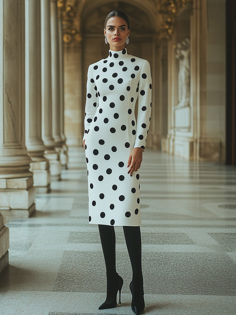 High-end and Fashionable Half-high Collar Black Polka Dot White Satin Midi Dress