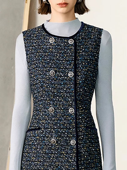 High-End Fashionable Exquisite Tweed Waistcoat Midi Dress