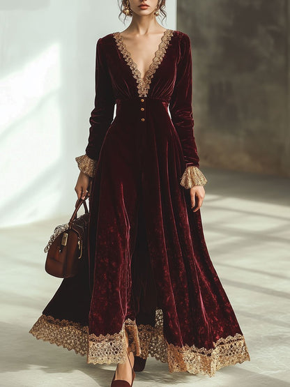 Vintage Ankola Red Velvet Lace V-neck Long Sleeve Maxi Dress