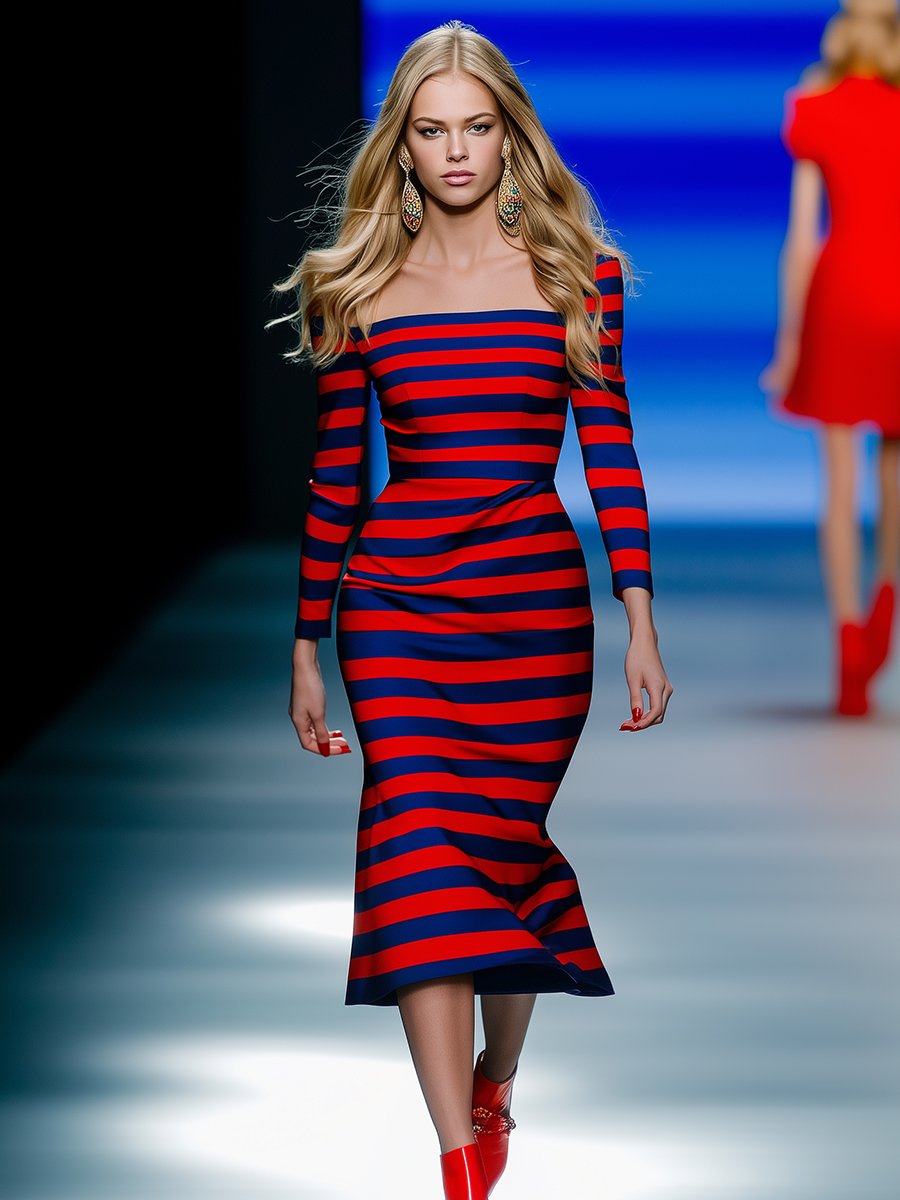 High-end Elegant Red and Blue Striped Square Neck Midi Dress