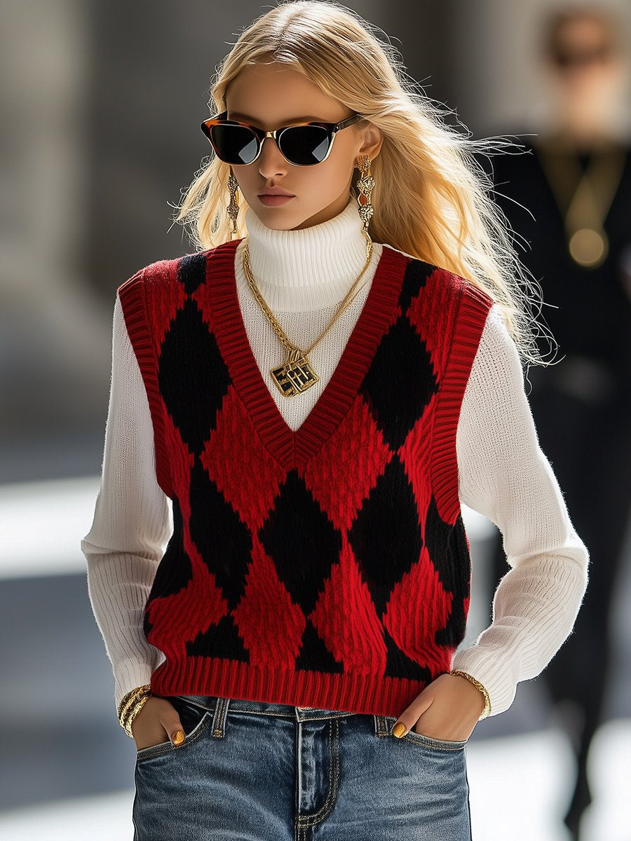 Retro Loose Fashion V-Neck Red and Black Plaid Knitted Vest