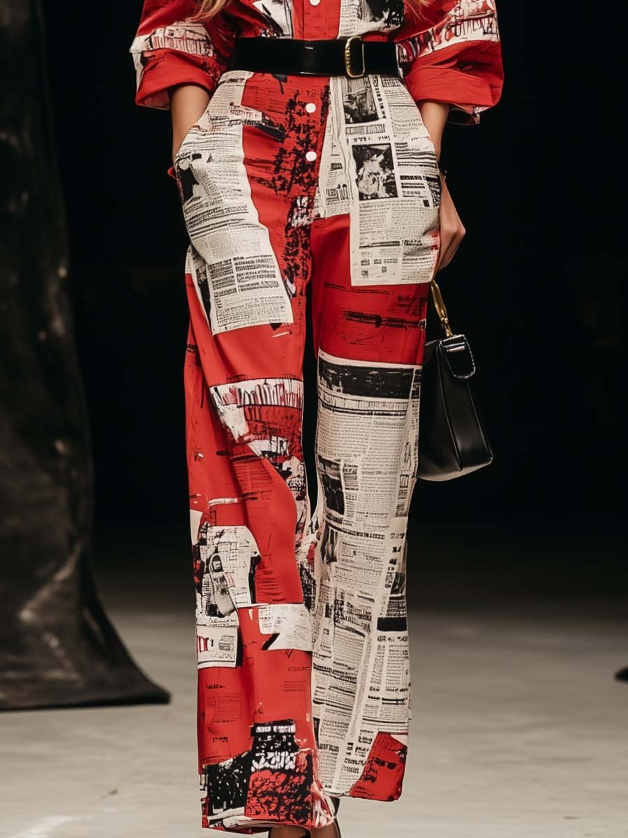 Personalized Trendy Belt Red Newspaper Print Shirt-style Jumpsuit