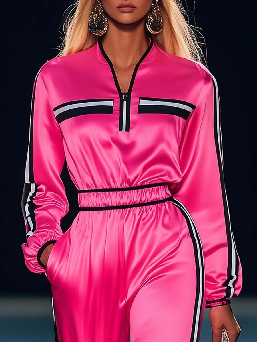 Elegant Sporty Black and White Striped V-neck Hot Pink Satin Jumpsuit