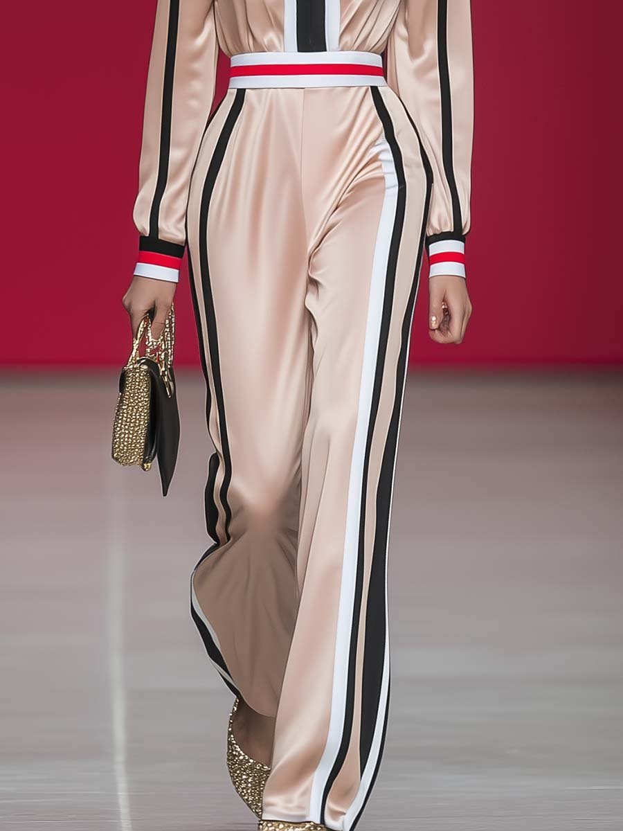 Elegant Sporty V-neck Black and White and Red Striped Beige Jumpsuit