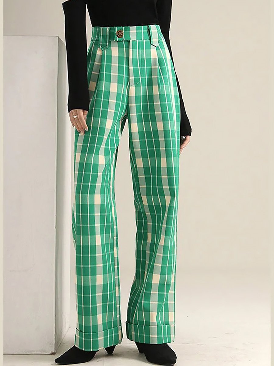 Retro Loose Fashionable Stand-Up Fold-Over Plaid Wide-Leg Pants