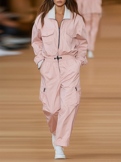 A Fresh and Eye-catching Contrasting Collar and Pink Denim Jumpsuit